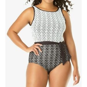 Anne Cole Plus Size In First Lace Dot-Print One-Piece Swimsuit‎ Black/White 20W